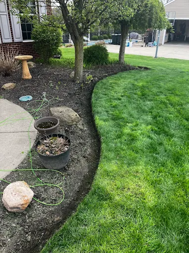 Crisp edged mulch bed along a manicured lawn