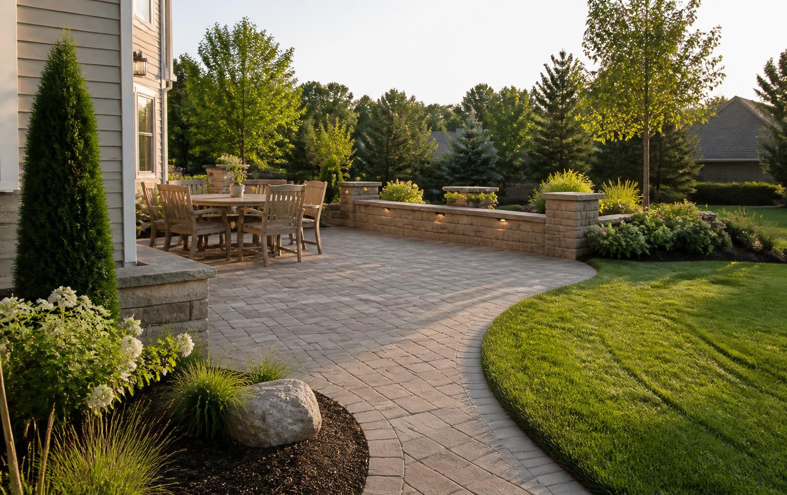 Finished backyard design build with paver patio, seating wall, and planting beds