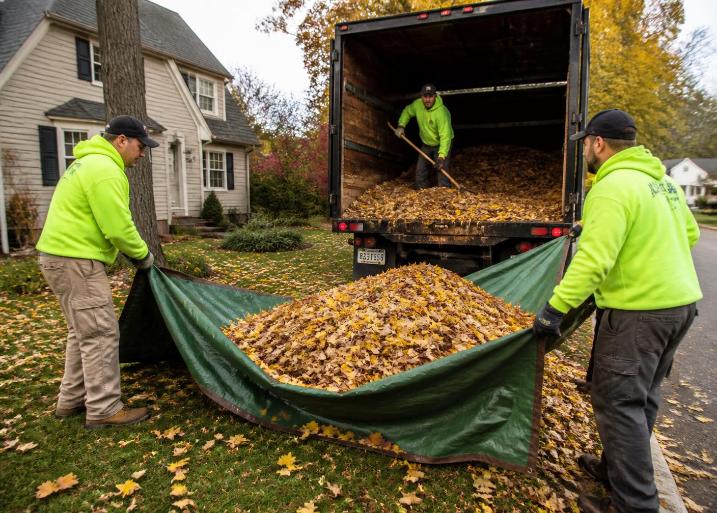 Crew tarping and loading collected leaves into a truck for haul-away