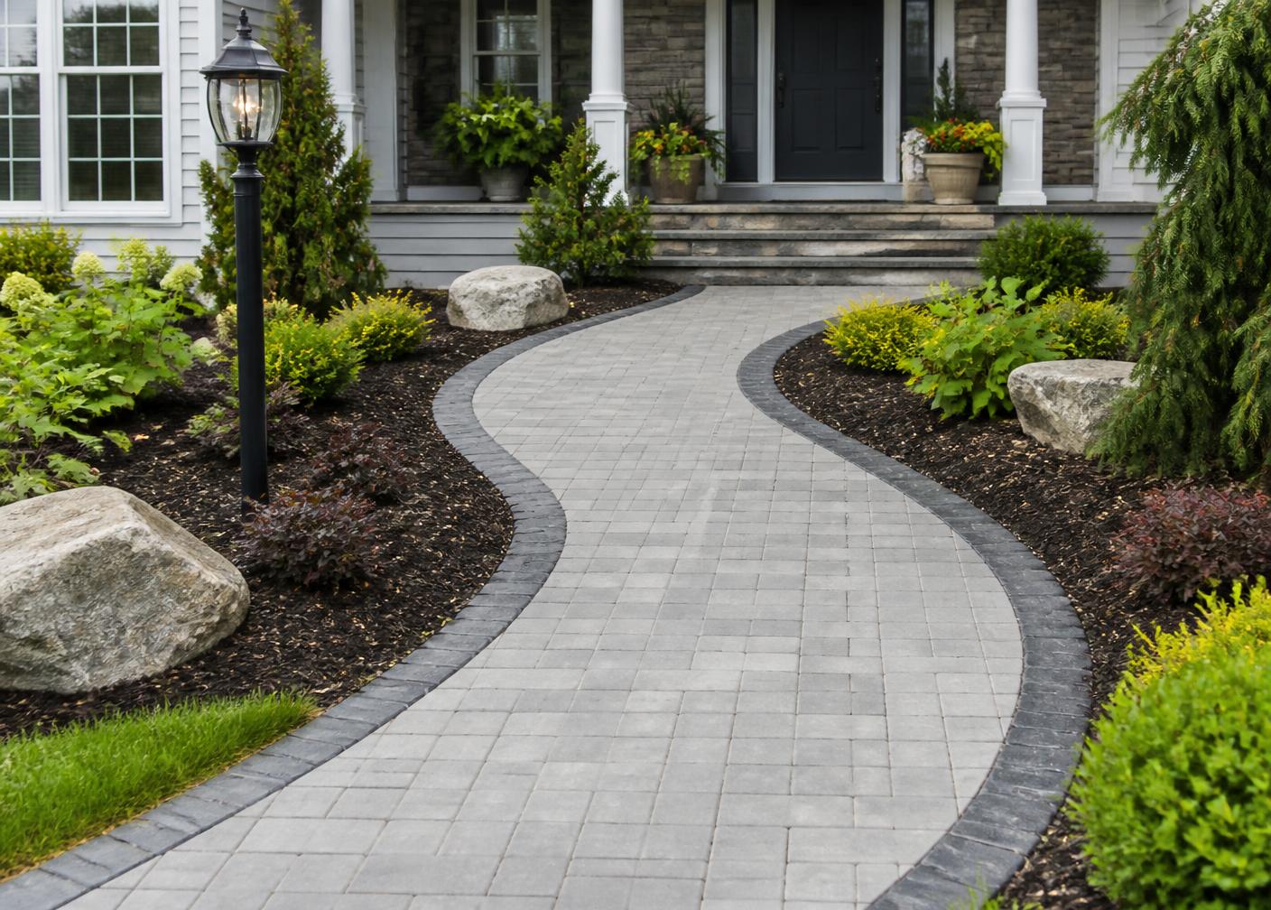 Curved paver walkway with contrasting border leading to a front entry