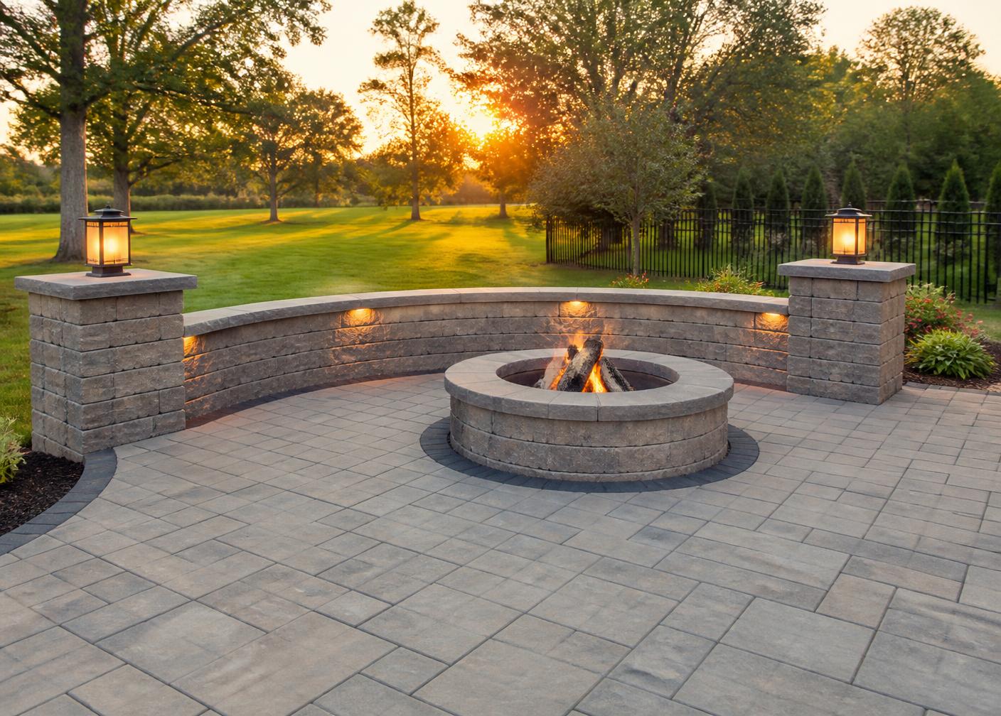 Paver patio with stone seating wall and fire pit in a finished backyard