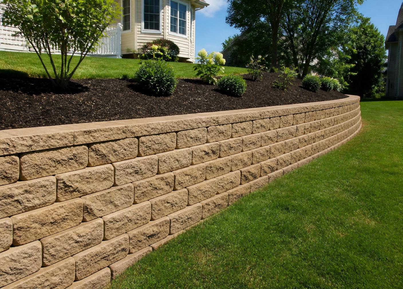 Segmental block retaining wall terracing a backyard slope with mulch beds above