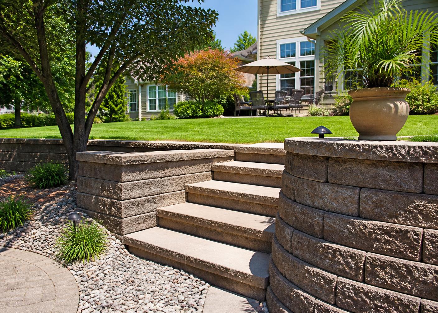 Tiered retaining wall with built-in stone steps leading up to a lawn